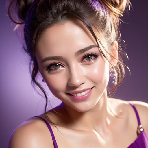  ((1girl 18yo, messy bun hair, smiling face, makeup face, wearing funky style, purple background, cute smile, upper body, studio lights, side lights))), (), beautiful, high quality, masterpiece, highly detailed, high resolution, 4K, ultra high resolution, detailed shadows, ultra realistic, dramatic lighting, bright light hyperrealistic, full body, detailed clothing, highly detailed, cinematic lighting, stunningly beautiful, intricate, sharp focus, f/1. 8, 85mm, (centered image composition), (professionally color graded), ((bright soft diffused light)), volumetric fog, trending on instagram, trending on tumblr, HDR 4K, 8K