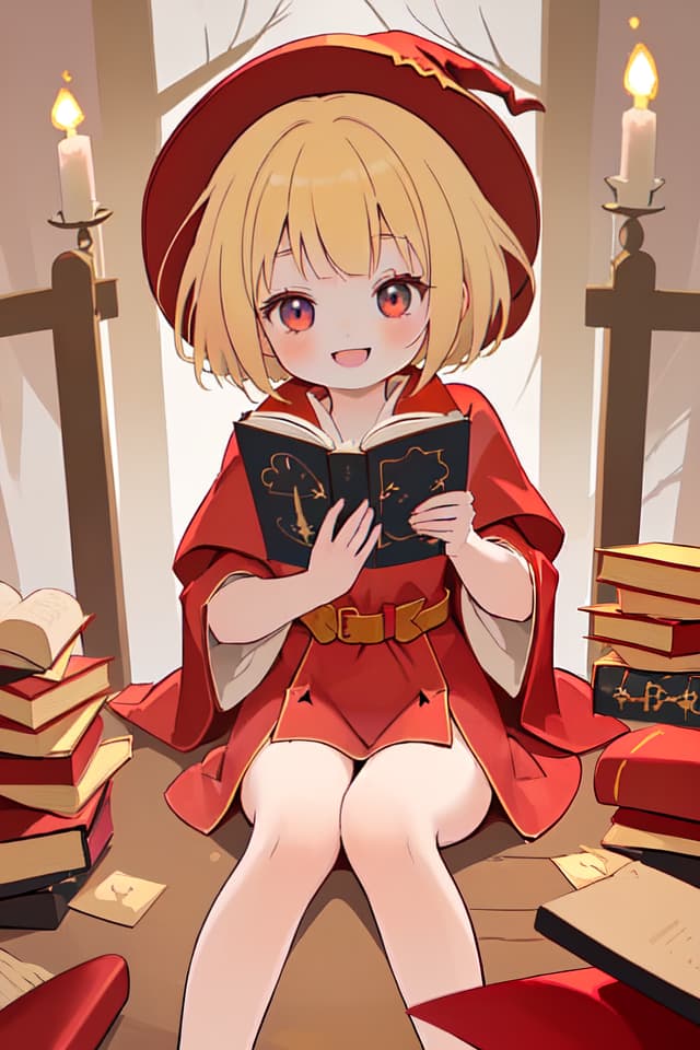  Little girl, blond, short hair, wearing red robe, wearing a witch hat, opening a magic book, smiling