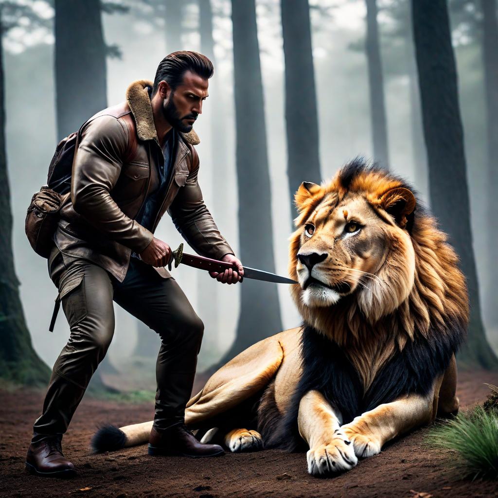  I guy who is stabbing a lion. hyperrealistic, full body, detailed clothing, highly detailed, cinematic lighting, stunningly beautiful, intricate, sharp focus, f/1. 8, 85mm, (centered image composition), (professionally color graded), ((bright soft diffused light)), volumetric fog, trending on instagram, trending on tumblr, HDR 4K, 8K