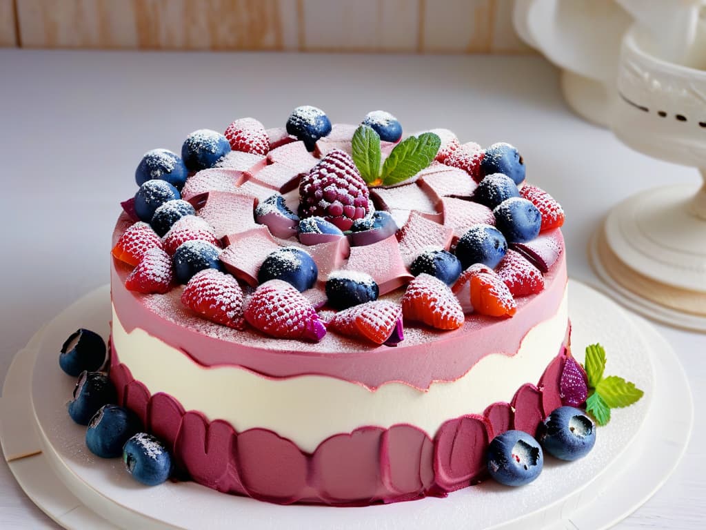  An ultradetailed image of a vibrant, meticulously crafted vegan berry mousse cake with layers of fluffy, plantbased cream, adorned with fresh raspberries, blueberries, and mint leaves. The cake sits on a sleek, modern platter, showcasing its smooth and creamy texture that promises a delectable experience for any dessert enthusiast. The colors pop with intensity, inviting the viewer to indulge in the luscious world of vegan pastry artistry. hyperrealistic, full body, detailed clothing, highly detailed, cinematic lighting, stunningly beautiful, intricate, sharp focus, f/1. 8, 85mm, (centered image composition), (professionally color graded), ((bright soft diffused light)), volumetric fog, trending on instagram, trending on tumblr, HDR 4K, 8K