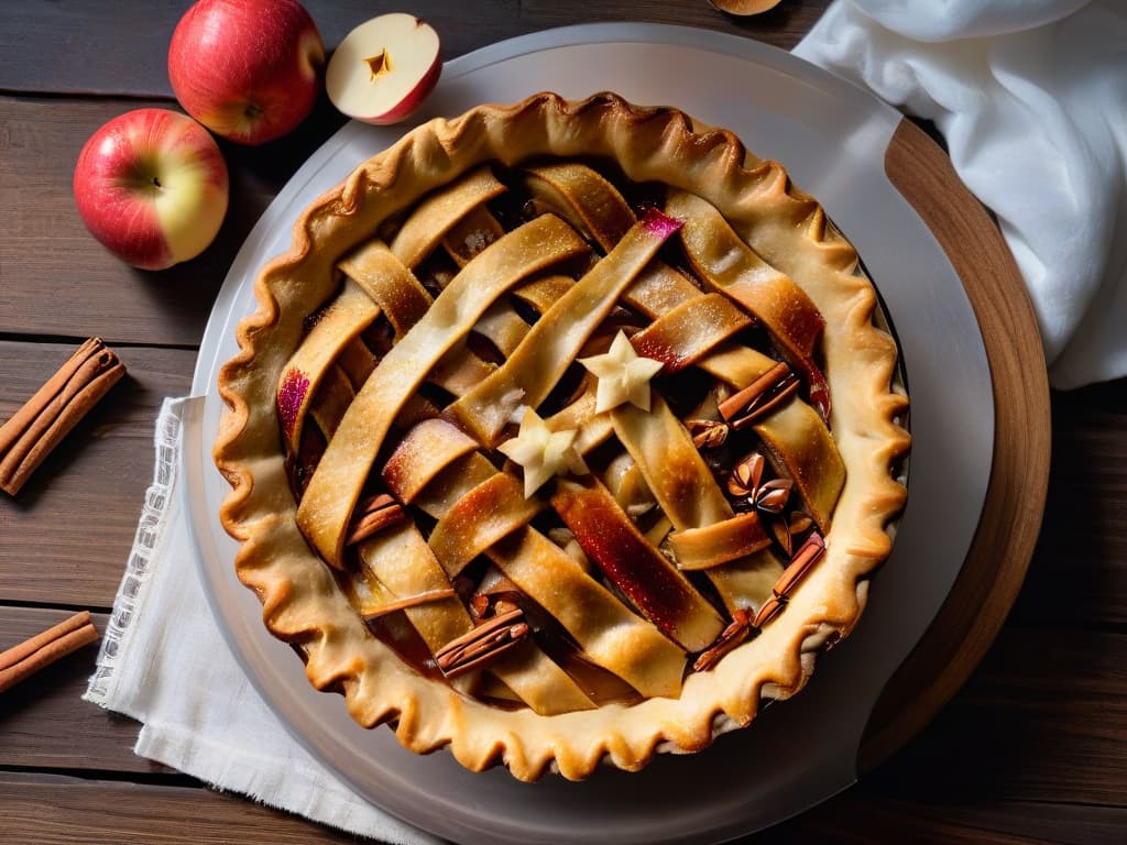  A closeup, ultradetailed image of a freshly baked spiced apple pie resting on a rustic wooden table. The pie is beautifully golden brown with a lattice crust, emitting steam, and adorned with a sprinkle of cinnamon. The rustic table is subtly decorated with scattered whole spices like cinnamon sticks and star anise, enhancing the warm and inviting feel of the scene. hyperrealistic, full body, detailed clothing, highly detailed, cinematic lighting, stunningly beautiful, intricate, sharp focus, f/1. 8, 85mm, (centered image composition), (professionally color graded), ((bright soft diffused light)), volumetric fog, trending on instagram, trending on tumblr, HDR 4K, 8K