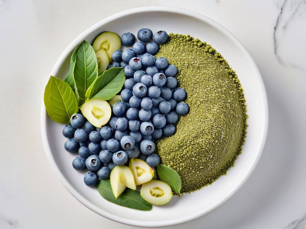  An intricately designed minimalist image featuring an array of vibrant superfoods commonly used in baking, such as blueberries, chia seeds, goji berries, and matcha powder, arranged in a visually appealing and symmetrical pattern on a sleek, white marble background. Each superfood is meticulously placed to showcase its unique color, texture, and shape, creating a visually striking yet simple composition that conveys the essence of discovering special ingredients in baking. hyperrealistic, full body, detailed clothing, highly detailed, cinematic lighting, stunningly beautiful, intricate, sharp focus, f/1. 8, 85mm, (centered image composition), (professionally color graded), ((bright soft diffused light)), volumetric fog, trending on instagram, trending on tumblr, HDR 4K, 8K