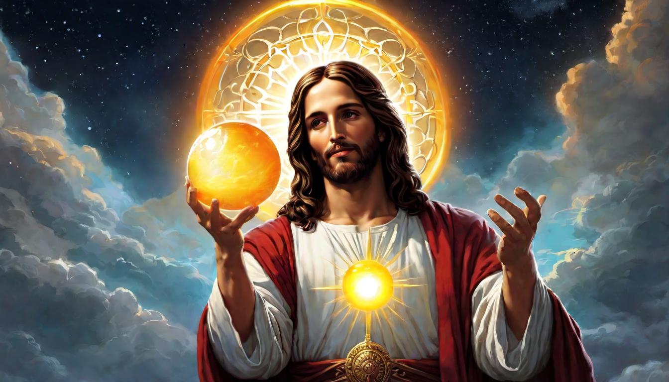  digital illustration, Jesus holding a glowing orb, symbolizing redemption, sacred light emanating, triumphant, divine purpose, looking at viewer, dynamic pose, (intricate details, masterpiece, best quality)