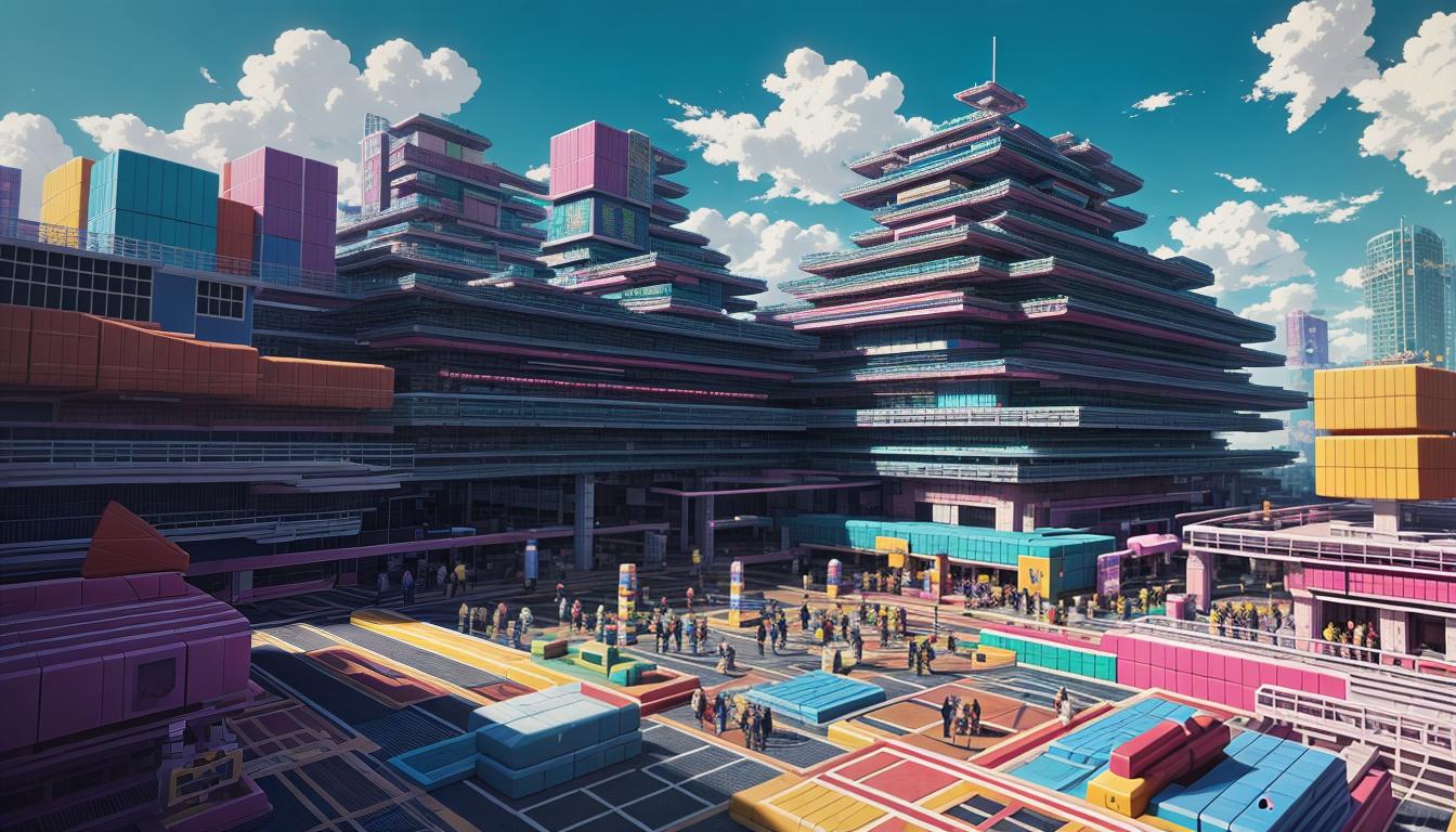  Retro anime aesthetics, retro futuristic A group of people, smiling and working together to build a structure out of large, colorful blocks, each person adding a piece, lively atmosphere, cooperative, unifying, 4k, HDR, lens flare