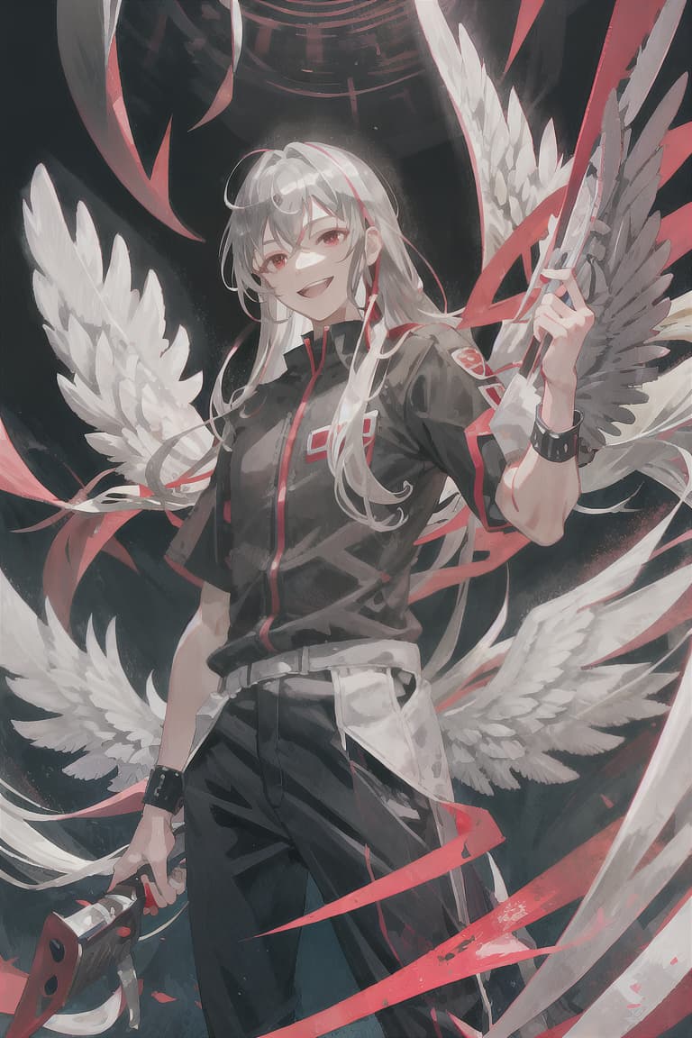  master piece , best quality,Male, gray hair, long straight hair, red eyes, groom, falling silver angel wings, happy smile