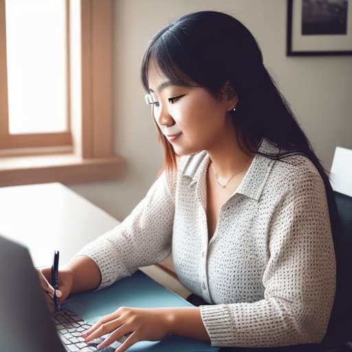  A high-quality photography of a person sitting at their desk, writing posts for a social media account. The focus should be on the subject’s face and hands, capturing the sense of creativity and inspiration. Use a shallow depth of field to blur the background and draw attention to the subject.