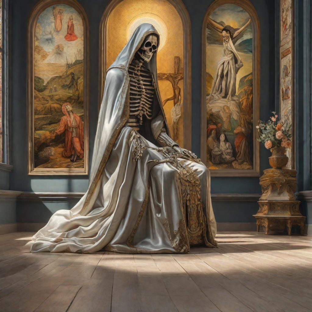  Crea un demonio que paresca la santa muerte que use espada, scenary, landscapes, high quality high detail painting by lucian freud, hd, photorealistic lighting, style of van gogh hyperrealistic, full body, detailed clothing, highly detailed, cinematic lighting, stunningly beautiful, intricate, sharp focus, f/1. 8, 85mm, (centered image composition), (professionally color graded), ((bright soft diffused light)), volumetric fog, trending on instagram, trending on tumblr, HDR 4K, 8K