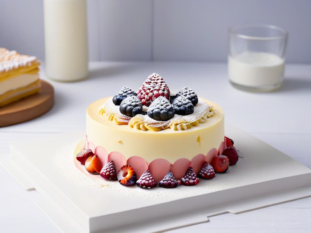  A highresolution, minimalist image of a perfectly layered milhojas pastry, showcasing delicate layers of pastry, creamy custard, and vibrant forest berries, all elegantly arranged on a pristine white plate. The focus is on the intricate details of the dessert, highlighting the artistry and sophistication of this exquisite treat. hyperrealistic, full body, detailed clothing, highly detailed, cinematic lighting, stunningly beautiful, intricate, sharp focus, f/1. 8, 85mm, (centered image composition), (professionally color graded), ((bright soft diffused light)), volumetric fog, trending on instagram, trending on tumblr, HDR 4K, 8K