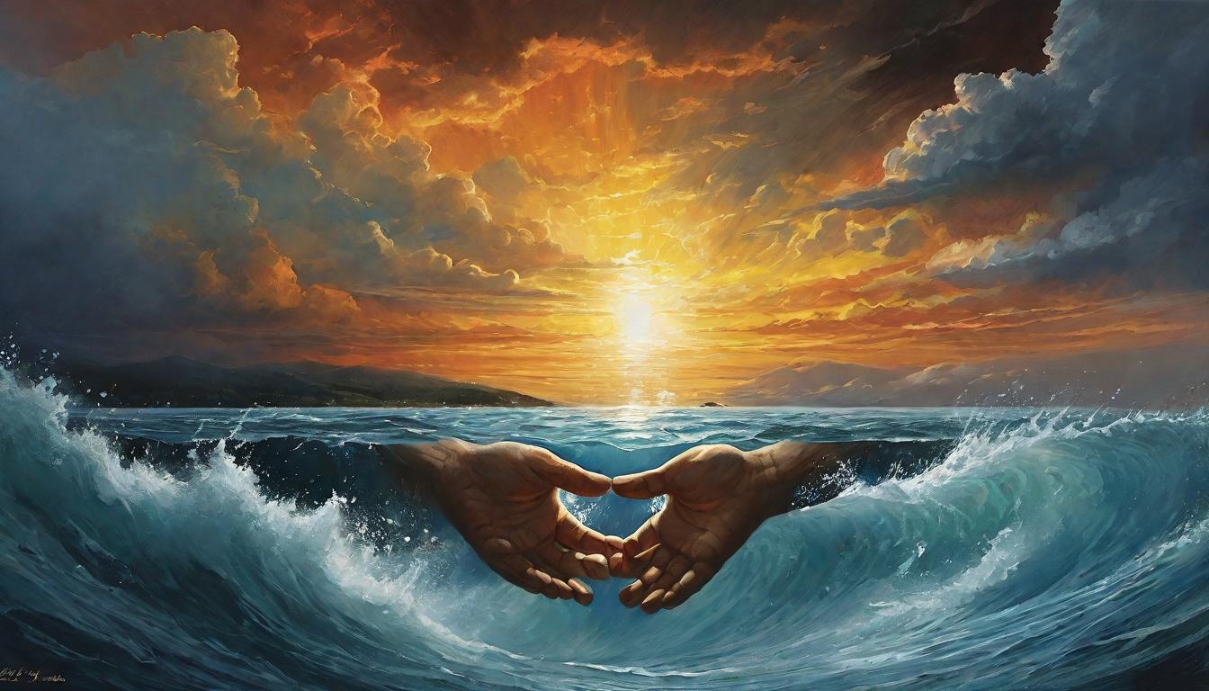  （surrealism)+++Hands cupped openly, catching a storm of elements transforming into a radiant light, Open embrace of life's entropy, transformation from chaos to clarity, inner strength revealed, dynamic transformation, enlightenment looking at viewer,(intricate details, masterpiece, best quality)++