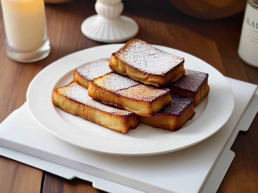  A closeup, highresolution image of goldenbrown torrijas sprinkled with a light dusting of cinnamon and sitting on a delicate white plate. The torrijas are perfectly arranged in a row, showcasing their glossy, caramelized surface and soft, pillowy interior. The plate is placed on a rustic wooden table, with a subtle play of shadows adding depth to the composition. The image exudes warmth and invites the viewer to indulge in the traditional Easter treat. hyperrealistic, full body, detailed clothing, highly detailed, cinematic lighting, stunningly beautiful, intricate, sharp focus, f/1. 8, 85mm, (centered image composition), (professionally color graded), ((bright soft diffused light)), volumetric fog, trending on instagram, trending on tumblr, HDR 4K, 8K