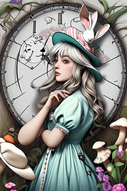  Alice looking though a keyhole, in that keyhole there is a rabbit with a clock, the mad hatter’s hat, mushrooms and a carterpilla