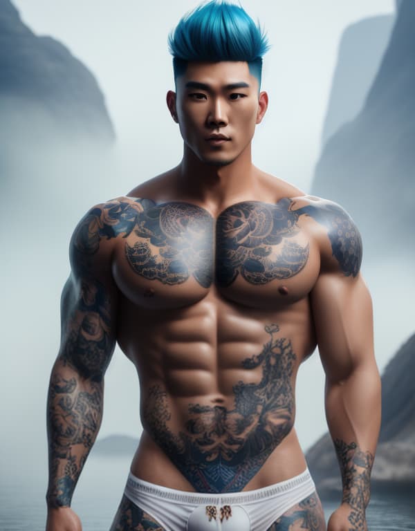  muscle, tattooed Chinese beautiful boy with white lace and blue hair in river， whole dorsal body，chest hair hyperrealistic, full body, detailed clothing, highly detailed, cinematic lighting, stunningly beautiful, intricate, sharp focus, f/1. 8, 85mm, (centered image composition), (professionally color graded), ((bright soft diffused light)), volumetric fog, trending on instagram, trending on tumblr, HDR 4K, 8K