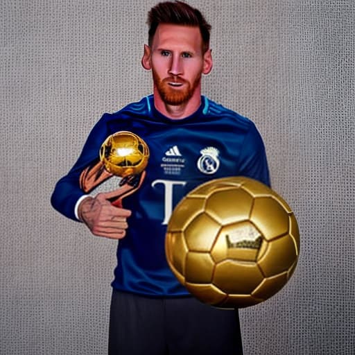 lnkdn photography Messi wearing real Madrid jersey and holding a BALLON D'OR award,a banner written on it best player of the year