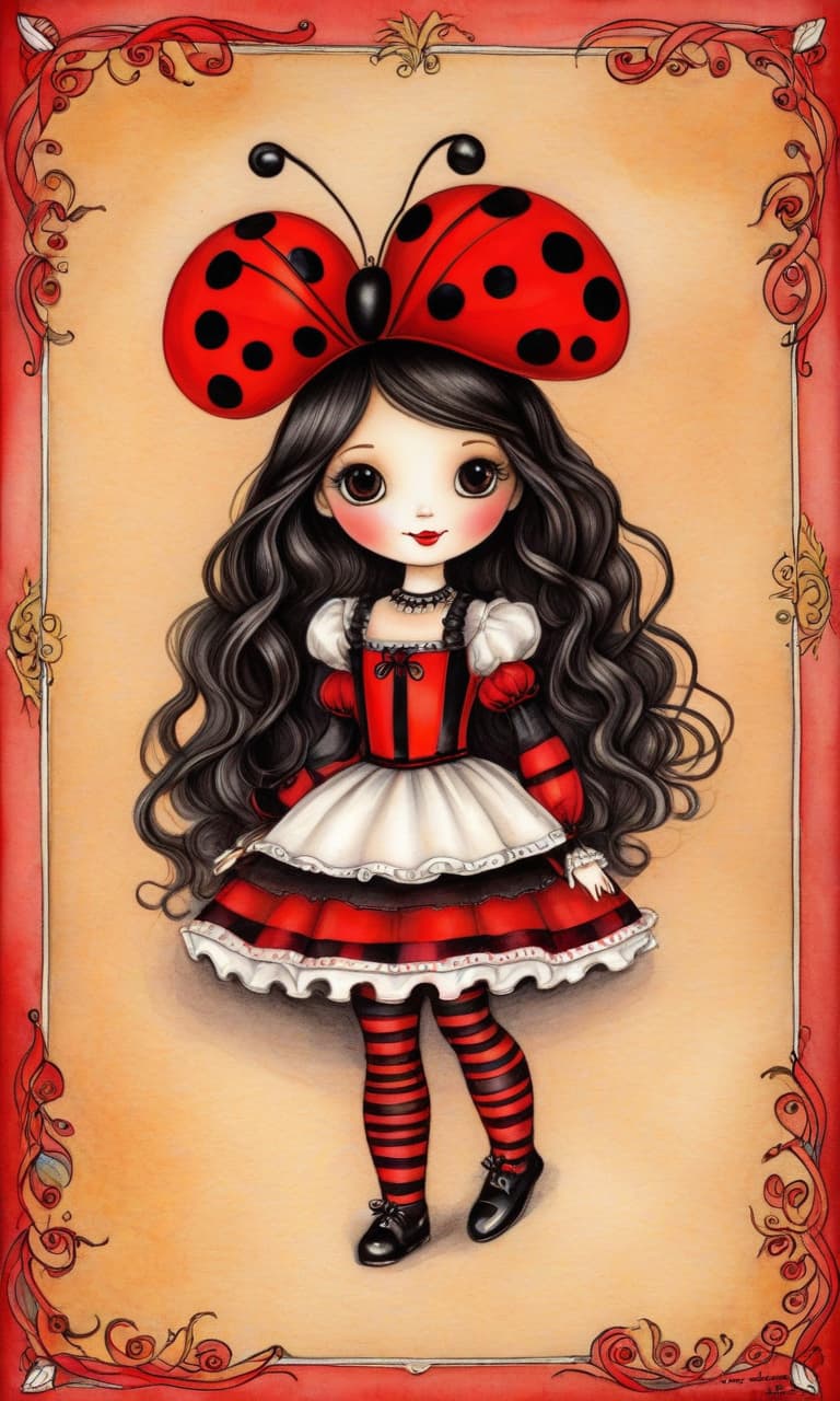  Flat image. Line art. Drawing with colored pencils on watercolor paper. Flat, without volume. Posterized. (Distant plan: 1,4). (Painted) Gorjuss Doll. (Full length: 1.3). Small, slender, thin. In a cute carnival costume of a ladybug: black and red colors, wings. Charming, cute. Frame with expressive, bright floral decoration. Victorian postcard style, simple, clean, uncluttered, modern, elegant, inspired by the manner of Susan Woolcott's work. Highly detailed, high quality. hyperrealistic, full body, detailed clothing, highly detailed, cinematic lighting, stunningly beautiful, intricate, sharp focus, f/1. 8, 85mm, (centered image composition), (professionally color graded), ((bright soft diffused light)), volumetric fog, trending on instagram, trending on tumblr, HDR 4K, 8K