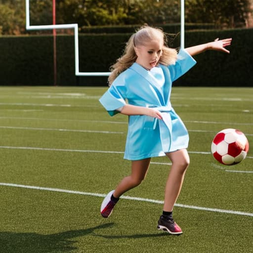  girl playing football with wiring a robe without anything else