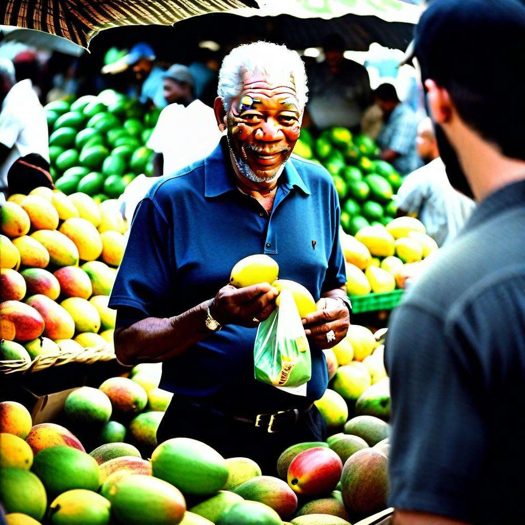  ((( Morgan freeman))) buying (mangoes) in a market, blue shirt, Black pants, shopping bag, photo realistic, shot by 50mm wide lens