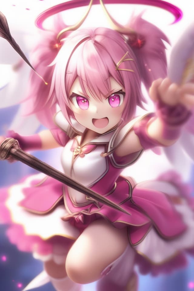  Beautiful girl,twin tail,magical girl,beautiful,cute,angel feather hair ornament,pink eyes,spear,magic spear user,frill,pink charge,during battle,triumphant expression、(absurd detailed:1.4、best quality:1.4、masterpiece:1.4)、