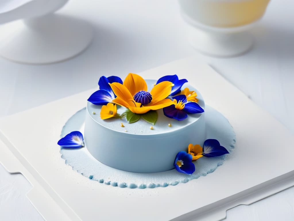  A closeup, ultradetailed photograph of a delicate, intricately designed dessert plated on a sleek, minimalistic white dish. The dessert is a vibrant, multilayered creation featuring a glossy glaze, edible flowers, and perfectly placed decorative elements. The focus is on the exquisite details of the dessert, showcasing the precision and artistry involved in creating postres multisensoriales en casa. hyperrealistic, full body, detailed clothing, highly detailed, cinematic lighting, stunningly beautiful, intricate, sharp focus, f/1. 8, 85mm, (centered image composition), (professionally color graded), ((bright soft diffused light)), volumetric fog, trending on instagram, trending on tumblr, HDR 4K, 8K