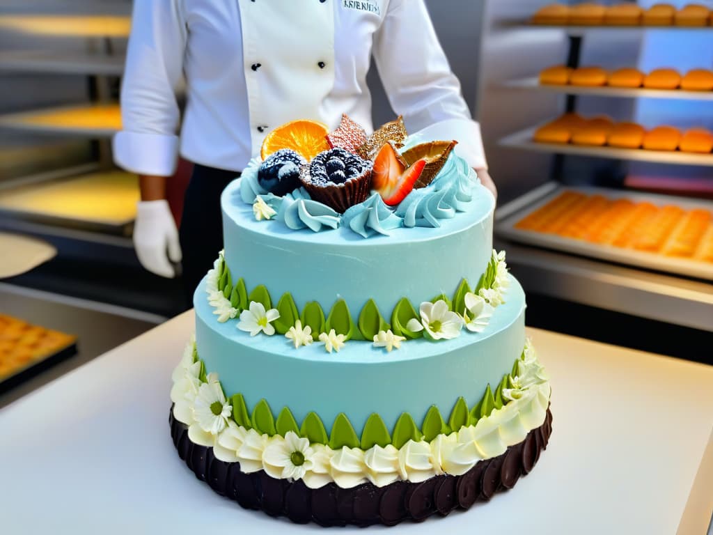  A photorealistic image of a professional pastry chef in a modern bakery setting, meticulously decorating a multitiered cake with intricate floral details using a piping bag. The chef is focused and precise, showcasing the artistry and skill involved in creating exquisite pastries. The bakery is filled with an array of beautifully crafted desserts on display, exuding an inspiring and inviting atmosphere for pastry enthusiasts. The image captures the essence of craftsmanship and creativity in the world of pastry making, appealing to the target audience of pasteleros looking to build a loyal subscriber base. hyperrealistic, full body, detailed clothing, highly detailed, cinematic lighting, stunningly beautiful, intricate, sharp focus, f/1. 8, 85mm, (centered image composition), (professionally color graded), ((bright soft diffused light)), volumetric fog, trending on instagram, trending on tumblr, HDR 4K, 8K