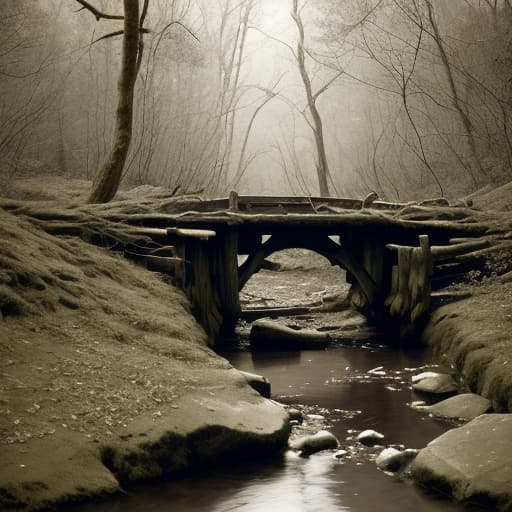  Old rickety bridge over a stream within a dark dying forest