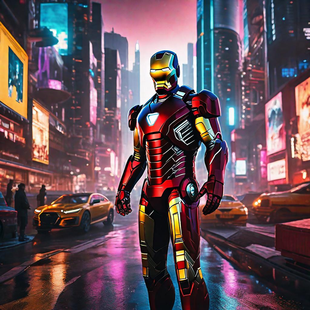  masterpiece, best quality, Best quality, masterpiece, 8k resolution, realistic, highly detailed, close up of Iron Man. In a cyberpunk-style night scene of the city, he stands on a street lined with tall buildings. The city's night lights are bright, The surrounding buildings and streets are filled with cyberpunk elements such as neon lights, high-tech devices, and futuristic architectural designs.