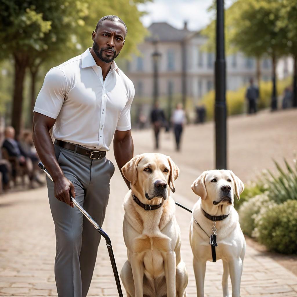  a handsome African blind man with unfocused light grey eyes, accompanied by a guide dog and holding a white cane, exuding confidence and independence hyperrealistic, full body, detailed clothing, highly detailed, cinematic lighting, stunningly beautiful, intricate, sharp focus, f/1. 8, 85mm, (centered image composition), (professionally color graded), ((bright soft diffused light)), volumetric fog, trending on instagram, trending on tumblr, HDR 4K, 8K