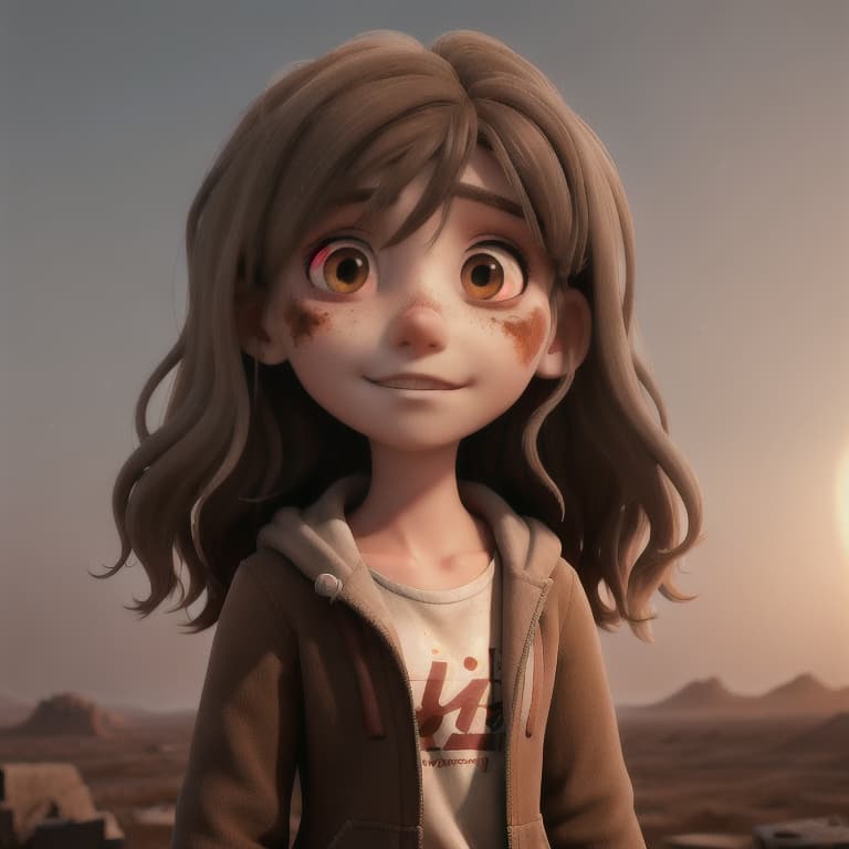  medium close up of a disfigured 17yo girl, a lost soul in a desolate wasteland, long brown hair, muted colors, shattered halos, and decaying, showcasing the delicate balance between redemption and despair, digital art, dystopian, high contrast, hauntingly beautiful, 8K, emotional depth, dramatic,