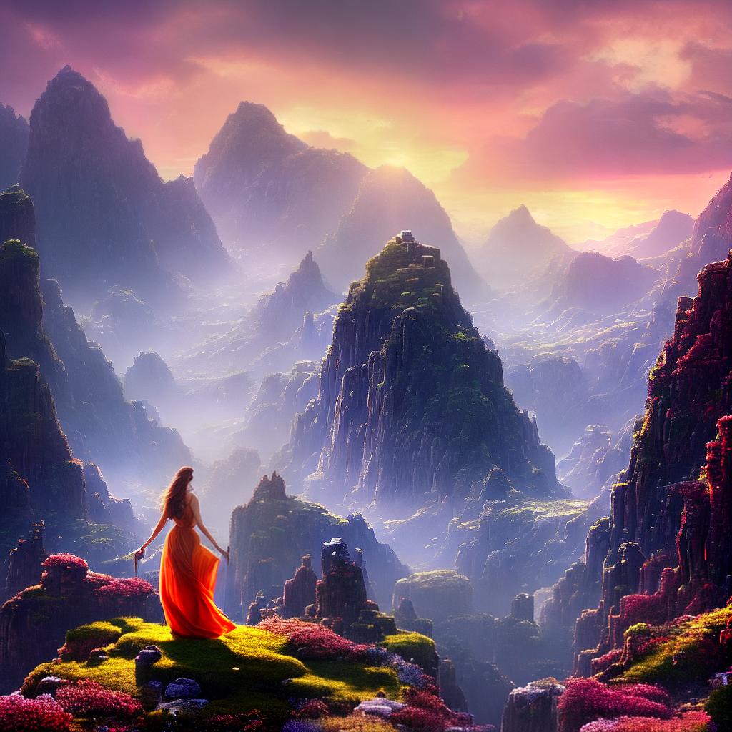  ((masterpiece)), (((best quality))), 8k, high detailed, ultra-detailed. A surreal landscape with vibrant colors. A girl standing on a floating island, surrounded by a cascade of rainbow-colored waterfalls. (A mesmerizing sunset) paints the sky with hues of pink, orange, and purple. In the distance, (majestic mountains) covered in lush greenery can be seen. The girl is wearing a flowing (white dress) and her (long, flowing hair) is illuminated by the soft glow of the sunset. The island is adorned with (colorful flowers) of various shapes and sizes, creating a whimsical atmosphere. The waterfalls glisten in the sunlight, creating a mesmerizing spectacle. The scene is filled with a sense of tranquility and wonder. hyperrealistic, full body, detailed clothing, highly detailed, cinematic lighting, stunningly beautiful, intricate, sharp focus, f/1. 8, 85mm, (centered image composition), (professionally color graded), ((bright soft diffused light)), volumetric fog, trending on instagram, trending on tumblr, HDR 4K, 8K