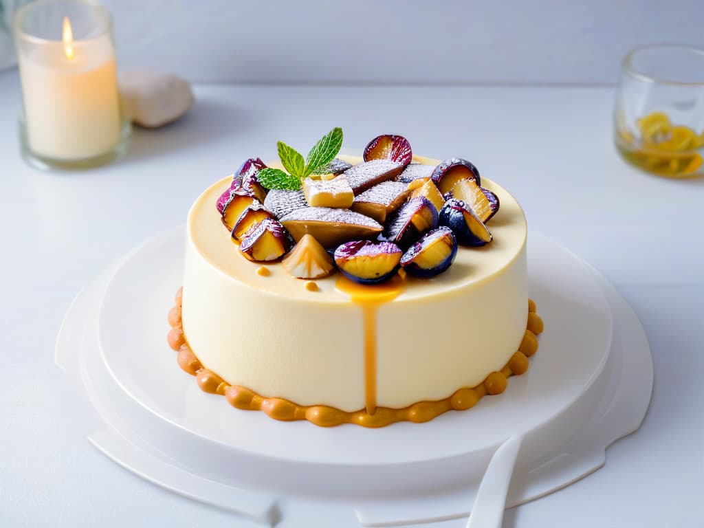  An ultradetailed, highresolution image of a decadent macadamia nut cheesecake with a smooth, creamy texture, topped with a generous amount of caramelized macadamia nuts. The cheesecake sits on a sleek, white ceramic plate, adorned with a sprig of fresh mint for a pop of color. The caramel drizzle cascades elegantly down the sides of the cheesecake, glistening under a soft, natural light, highlighting the intricate details of the dessert. This visually stunning image captures the essence of sophistication and luxury, enticing the viewer with its minimalist yet mouthwatering presentation. hyperrealistic, full body, detailed clothing, highly detailed, cinematic lighting, stunningly beautiful, intricate, sharp focus, f/1. 8, 85mm, (centered image composition), (professionally color graded), ((bright soft diffused light)), volumetric fog, trending on instagram, trending on tumblr, HDR 4K, 8K