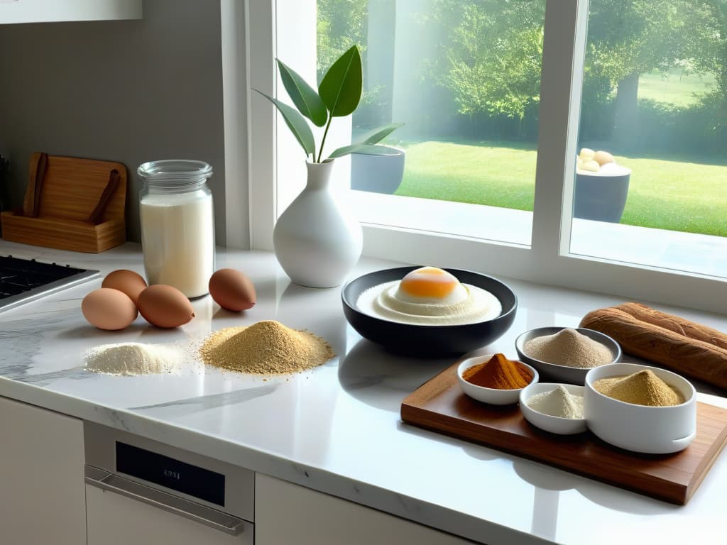  An ultradetailed 8k image of a sleek, modern kitchen counter with a marble surface. In the center, there is a beautifully arranged assortment of baking ingredients, including protein powder, almond flour, fresh eggs, and vanilla beans. The soft natural light coming from a nearby window highlights the textures and colors of the ingredients, creating a visually stunning and appetizing composition perfect for a professional and inspiring article on incorporating proteins into baking. hyperrealistic, full body, detailed clothing, highly detailed, cinematic lighting, stunningly beautiful, intricate, sharp focus, f/1. 8, 85mm, (centered image composition), (professionally color graded), ((bright soft diffused light)), volumetric fog, trending on instagram, trending on tumblr, HDR 4K, 8K