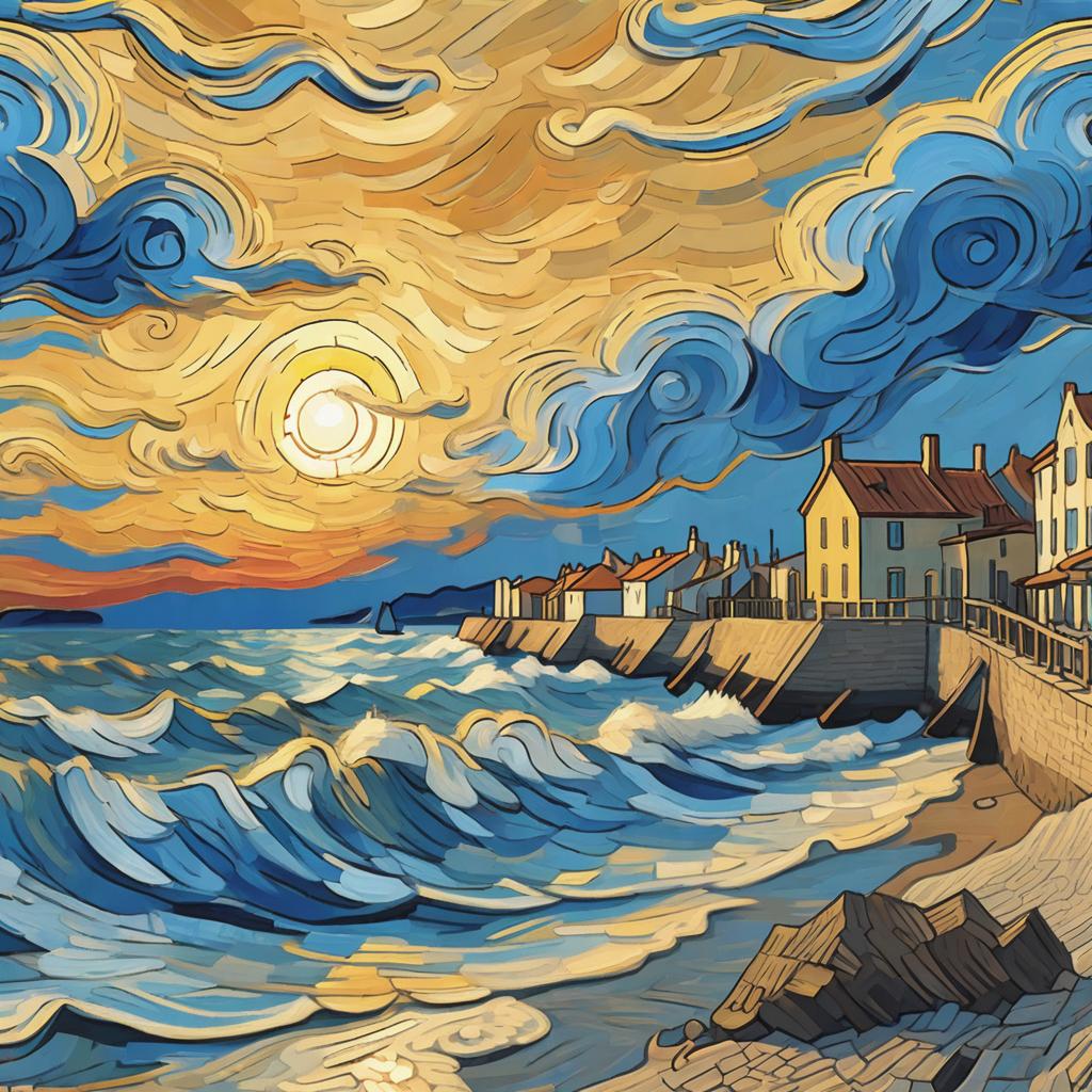  Sunset, seaside, blue sky, Style of Van Gogh, hyper detail, 8k render