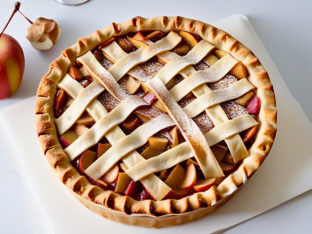  An ultra highresolution image of a goldenbrown apple pie fresh out of the oven, with a perfectly flaky crust glistening under a light drizzle of caramel sauce. The lattice top crust showcases expertly woven strips of dough, revealing the steam escaping from the bubbling apple filling underneath, adorned with a sprinkle of cinnamon. The background is a simple, clean white surface that enhances the warm, inviting tones of the pie, creating a visually striking and mouthwatering scene. hyperrealistic, full body, detailed clothing, highly detailed, cinematic lighting, stunningly beautiful, intricate, sharp focus, f/1. 8, 85mm, (centered image composition), (professionally color graded), ((bright soft diffused light)), volumetric fog, trending on instagram, trending on tumblr, HDR 4K, 8K