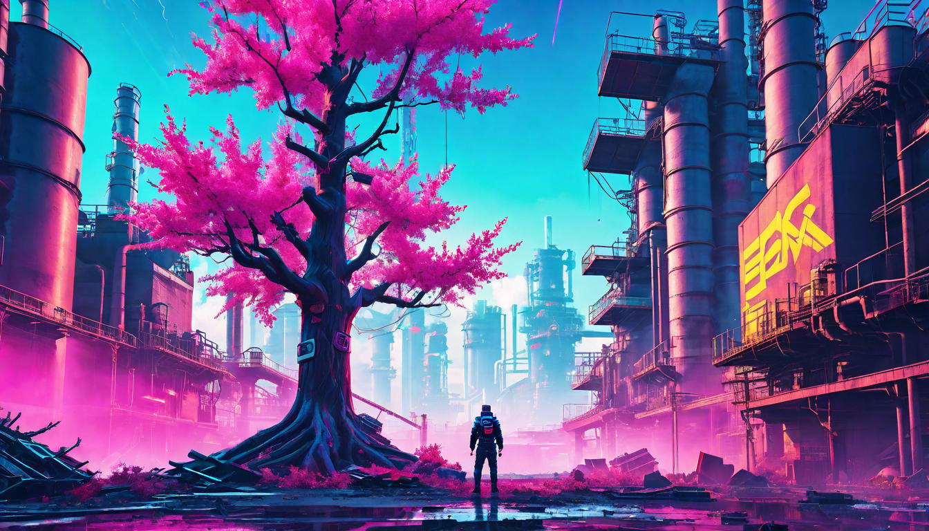  vaporwave,cyberpunk game style A withered tree standing in the midst of industrial waste, toxic gases emanating from factories in the background. Environmental neglect, the stark reality of unsustainable practices, poignant.eon, dystopian, futuristic, digital, vibrant, detailed, high contrast, reminiscent of cyberpunk genre video games,retro aesthetic, cyberpunk, vibrant, neon colors, vintage 80s and 90s style, highly detailed