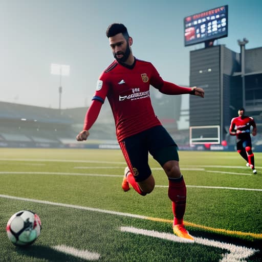 redshift style football match hyperrealistic, full body, detailed clothing, highly detailed, cinematic lighting, stunningly beautiful, intricate, sharp focus, f/1. 8, 85mm, (centered image composition), (professionally color graded), ((bright soft diffused light)), volumetric fog, trending on instagram, trending on tumblr, HDR 4K, 8K