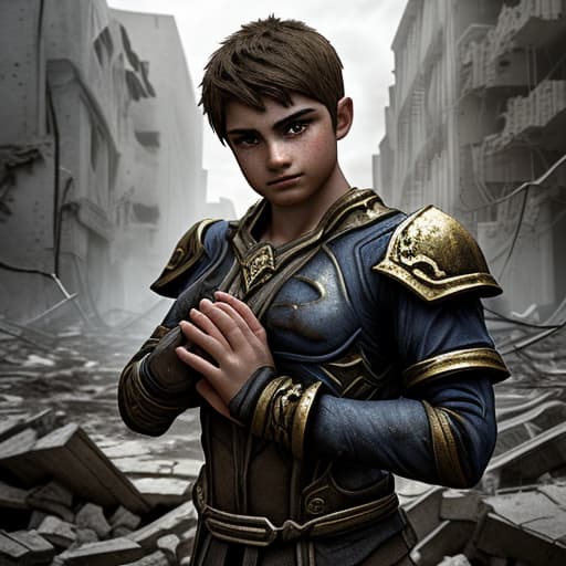  hero of a fantasy game. in a destroyed city. holding in his hands the last hope for life that is in a bottle