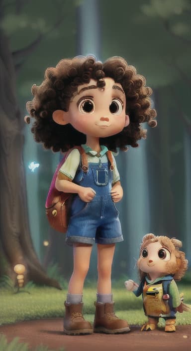  {The tree shining brightly and releasing a gentle, magical light., Riley, a curious with big brown eyes and curly hair, wearing overalls and carrying a small backpack. Their friend, Skye, a bluebird with shiny feathers.