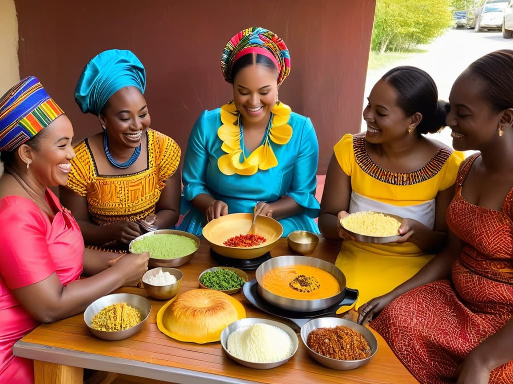  A highly detailed image of a group of diverse African women in colorful traditional clothing, gathered around a large wooden table preparing and enjoying bibingka africana together. The table is beautifully set with various ingredients and utensils, showcasing a mix of African and Filipino culinary elements. The women are smiling and engaged in conversation, exuding a sense of community and cultural exchange. The background features a warm, inviting kitchen setting with rustic decor and subtle hints of African and Filipino cultural motifs. hyperrealistic, full body, detailed clothing, highly detailed, cinematic lighting, stunningly beautiful, intricate, sharp focus, f/1. 8, 85mm, (centered image composition), (professionally color graded), ((bright soft diffused light)), volumetric fog, trending on instagram, trending on tumblr, HDR 4K, 8K