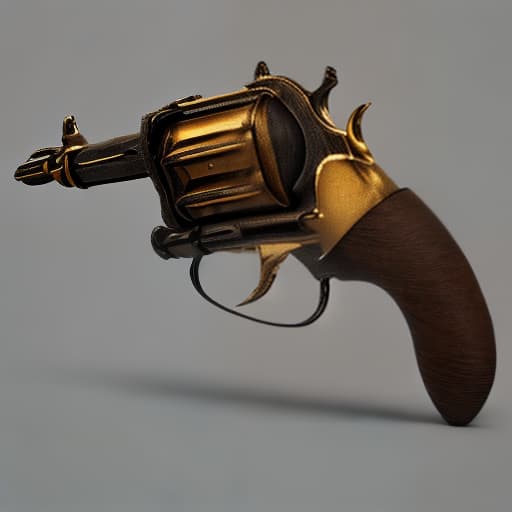 redshift style ein einzelner extragrosser goldener Revolver auf schwarzem Hintergrund mit Knoten im Lauf