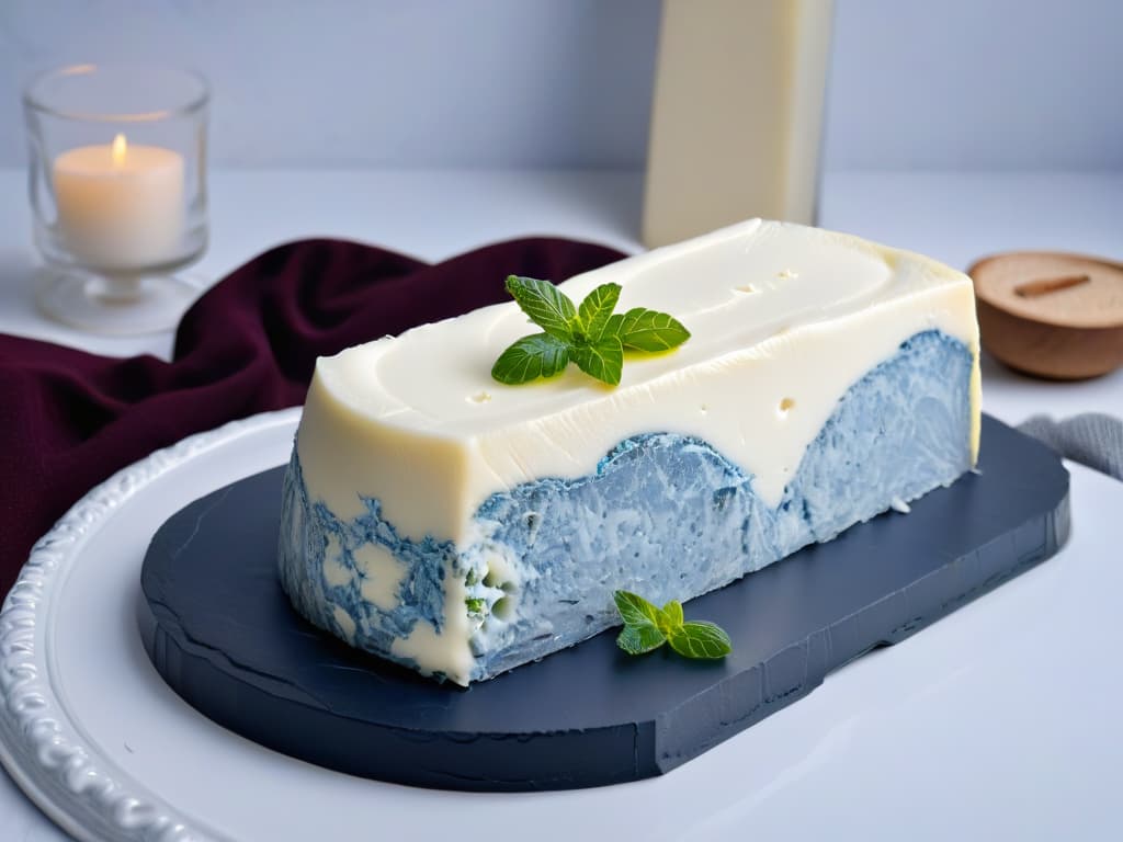  An ultradetailed closeup image of a perfect slice of Roquefort cheese, showcasing its intricate blue veins and creamy texture on a sleek, minimalist slate cheese board. hyperrealistic, full body, detailed clothing, highly detailed, cinematic lighting, stunningly beautiful, intricate, sharp focus, f/1. 8, 85mm, (centered image composition), (professionally color graded), ((bright soft diffused light)), volumetric fog, trending on instagram, trending on tumblr, HDR 4K, 8K