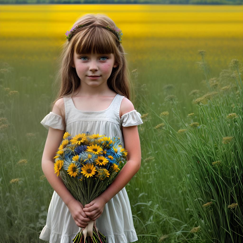  Girl holding bouquet of field flowers