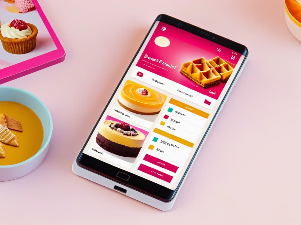  A highresolution, minimalist image of a sleek, futuristic smartphone displaying a beautifully designed dessert creation app interface. The screen shows vibrant, colorful dessert designs with intricate details, sleek userfriendly icons, and a modern, minimalist layout. The background is a soft, neutral color to enhance the contrast of the vivid dessert designs on the screen, creating a visually appealing and sophisticated image that captures the essence of innovative dessert design apps in 2023. hyperrealistic, full body, detailed clothing, highly detailed, cinematic lighting, stunningly beautiful, intricate, sharp focus, f/1. 8, 85mm, (centered image composition), (professionally color graded), ((bright soft diffused light)), volumetric fog, trending on instagram, trending on tumblr, HDR 4K, 8K