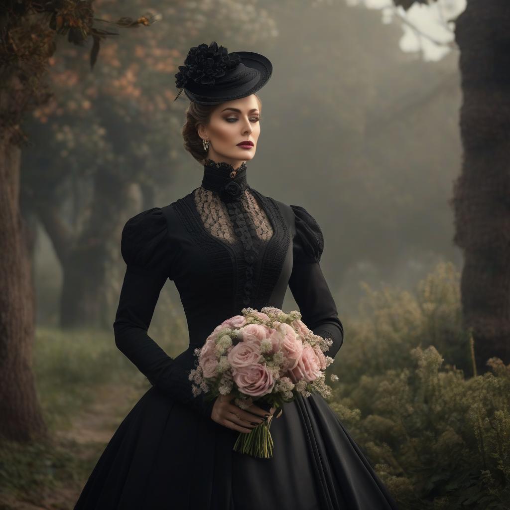  A Victorian beauty in mourning wearing a black dress and holding a bouquet of aubriette in the 1870s. hyperrealistic, full body, detailed clothing, highly detailed, cinematic lighting, stunningly beautiful, intricate, sharp focus, f/1. 8, 85mm, (centered image composition), (professionally color graded), ((bright soft diffused light)), volumetric fog, trending on instagram, trending on tumblr, HDR 4K, 8K