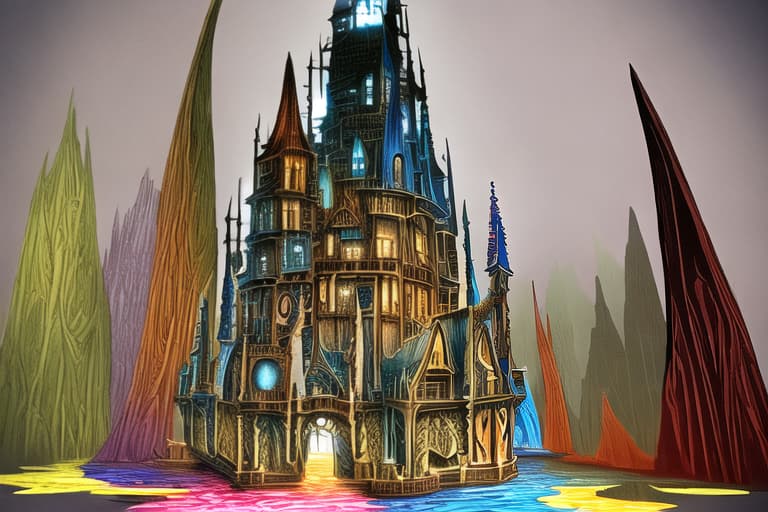  Single flooded simple fantasy wooden tower, very coherent and colorful high contrast!! masterpiece
