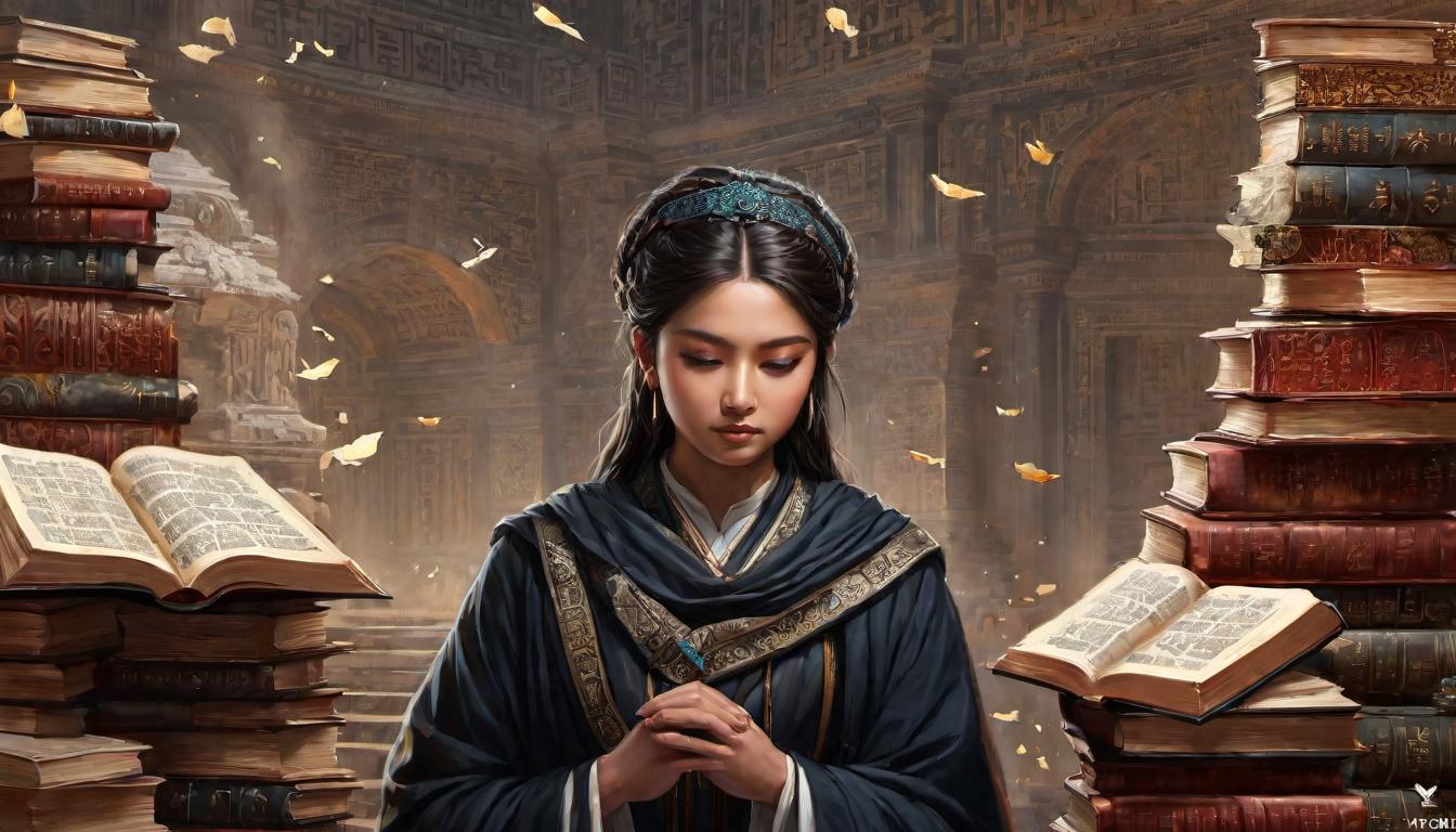  digital painting of Determined figure, scholarly attire, surrounded by books and ancient scripts, eyes filled with resolve, quest for knowledge, enlightening, driven looking at viewer, dynamic pose, (intricate details, masterpiece, best quality)