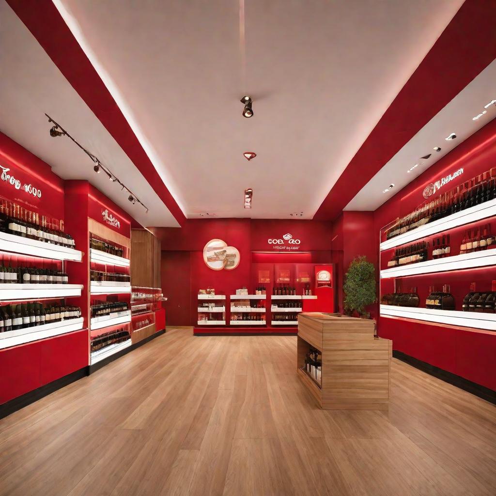  Masterpiece, best quality, 16:9, Fidelity, 120 sqm, our tobacco, wine and tea retail store is decorated in red, showing hospitality and luxury. The exterior of the store is decorated in striking red, with a simple and modern design style, giving people a high-end, elegant feeling. The interior decoration is teak wood color, with light gray and white, making the whole space look warm and comfortable. We will pay attention to the texture and color of teak wood, creating a noble and modern decoration style. The display shelves and display cases are made of teak wood, beautifully designed and practical. The wall decoration is mainly teak decorative panels, with a small amount of red decoration, creating a luxurious and elegant atmosphere. I