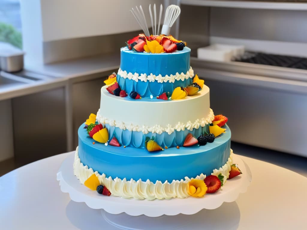  A photorealistic image of a skilled pastry chef delicately piping intricate designs on a multitiered wedding cake. The chef is focused, wearing a crisp white uniform and a tall chef's hat, with soft lighting highlighting the details of the frosting work. The background showcases a bustling bakery kitchen filled with colorful ingredients and tools of the trade. hyperrealistic, full body, detailed clothing, highly detailed, cinematic lighting, stunningly beautiful, intricate, sharp focus, f/1. 8, 85mm, (centered image composition), (professionally color graded), ((bright soft diffused light)), volumetric fog, trending on instagram, trending on tumblr, HDR 4K, 8K