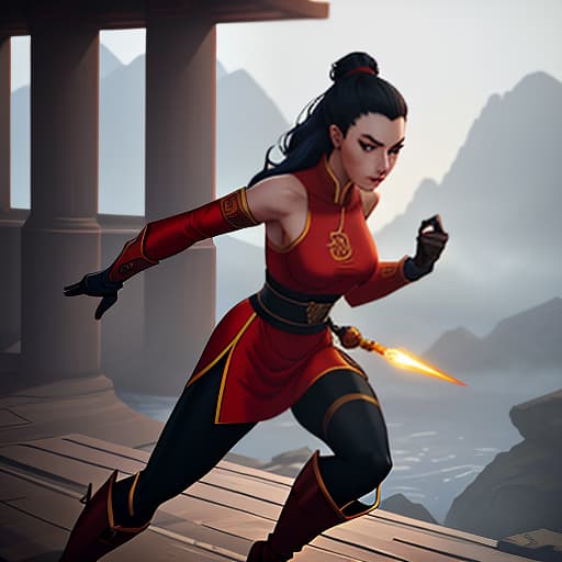  Daughter of Azula in the style of Avatar: The Last Airbender. hyperrealistic, full body, detailed clothing, highly detailed, cinematic lighting, stunningly beautiful, intricate, sharp focus, f/1. 8, 85mm, (centered image composition), (professionally color graded), ((bright soft diffused light)), volumetric fog, trending on instagram, trending on tumblr, HDR 4K, 8K