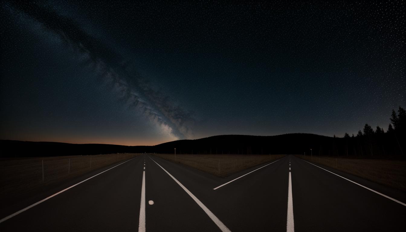  cinematic, aesthetic, A road under starlit sky, leading toward a glowing horizon, symbolizing guidance by values and principles, clear path, stars twinkling, determined, noble journey, 4k, HDR, lens flare