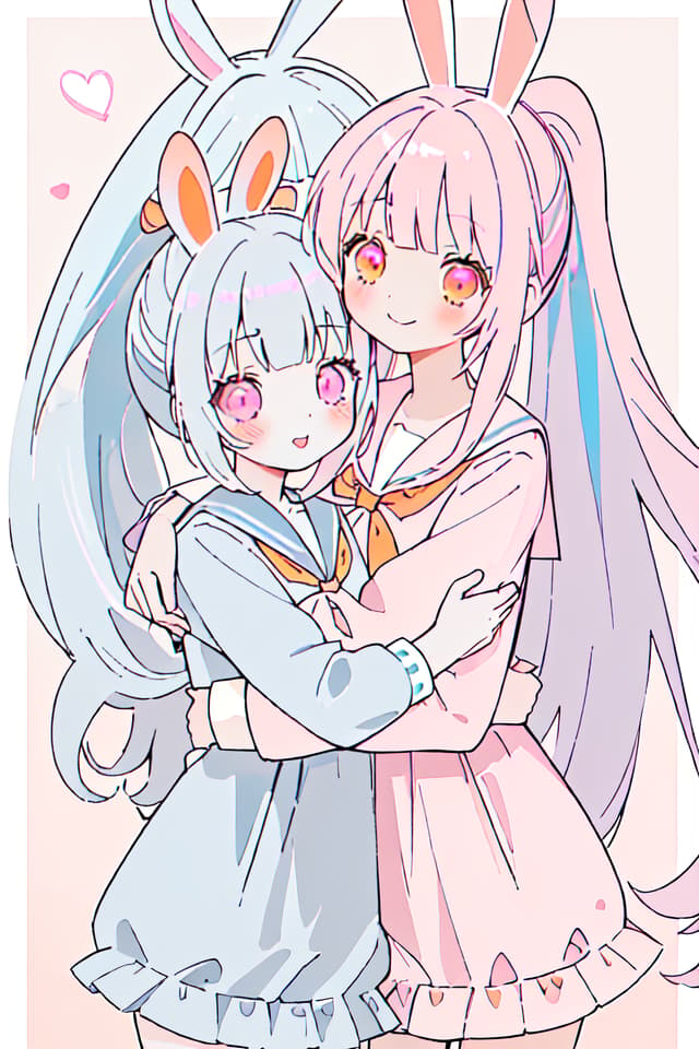  Rabbit ears,friends,smiles,beautiful girls,2 people,(orange eyes,light blue hair,perm,ponytail,),(pink eyes,gray hair,long hair,),cute,good friends,hugging each other,sailor suit,cuteRabbit ears,friends,smiles,beautiful girls,2 people,(orange eyes,light blue hair,perm,ponytail,),(pink eyes,gray hair,long hair,),cute,good friends,hugging each other,sailor suit,cute(absurd detailed:1.4、best quality:1.4、masterpiece:1.4)、、