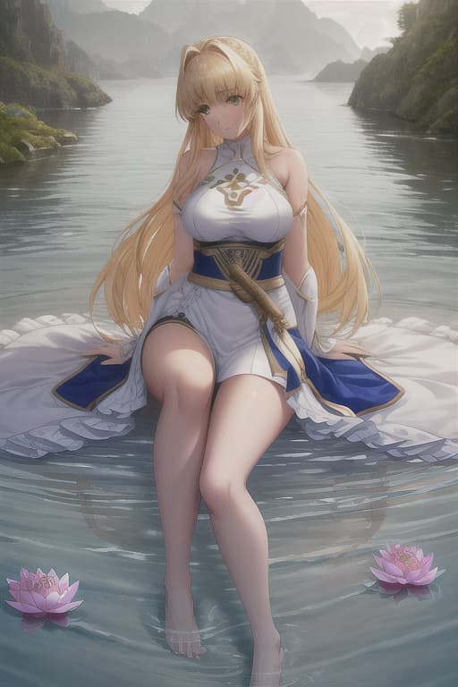  (score 9,score 8 up,score 7 up,),Fate saber,solo,without inner wearing looking ,outdoor,lake,apron,blonde hair,indoors,green eyes,bare foot,two feet in the water, Barefoot in the water. lotus flower very sex hyperrealistic, full body, detailed clothing, highly detailed, cinematic lighting, stunningly beautiful, intricate, sharp focus, f/1. 8, 85mm, (centered image composition), (professionally color graded), ((bright soft diffused light)), volumetric fog, trending on instagram, trending on tumblr, HDR 4K, 8K